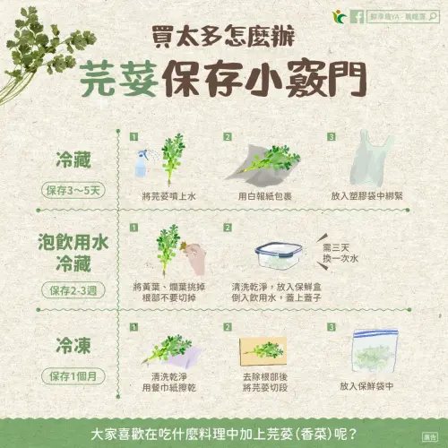 ▲除了冷凍保存外，農糧署也曾分享香菜的兩種冷藏保存方式。（圖／農糧署臉書）