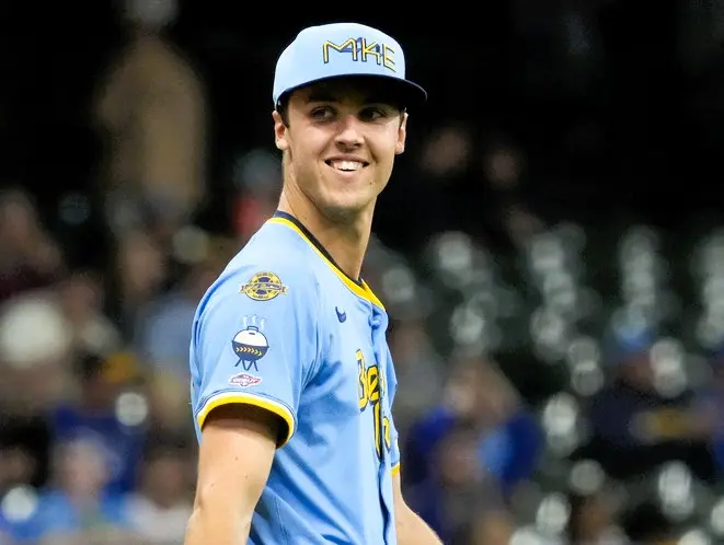 ▲大聯盟臨時將只登板5次的釀酒人超級新人投手Jacob Misiorowski遞補進名單中，引發了明星賽到底該選真正表現好，還是在社群媒體中當紅球員的爭議。（圖／美聯社／達志影像）