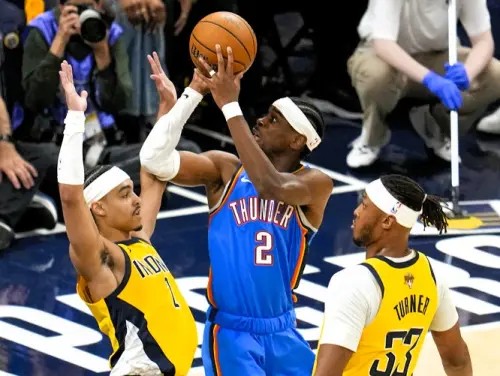 ▲Andrew Nembhard拚盡全力限制MVP，可惜防守韌性仍難敵Gilgeous-Alexander獨舞。（圖／美聯社／達志影像）