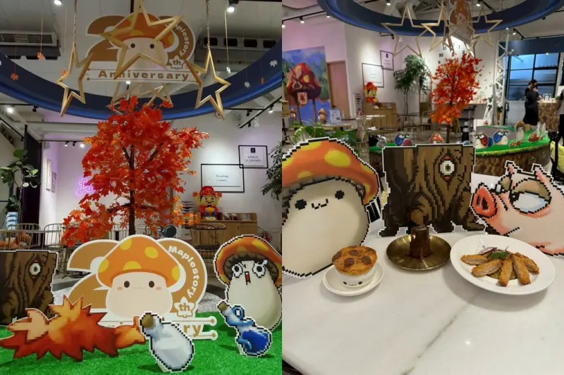 ▲魯克思咖啡店內重現楓葉山丘場景,楓樹、菇菇寶貝、木妖、肥肥豬等經典角色齊聚陪你吃飯!菇菇寶貝變身蘑菇濃湯加可食用傘帽,木妖則是爆漿巧克力蛋糕。(圖/遊戲橘子)