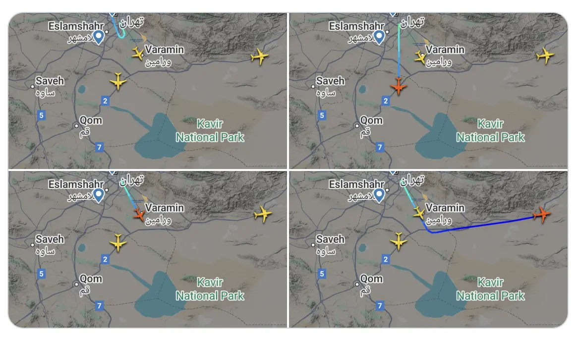 ▲伊朗領空仍處於關閉狀況，不過，根據全球航班追蹤服務網站「Flightradar24」資料，14日晚間有幾架伊朗飛機正在離開德黑蘭，且並非定期航班，因此有網友猜測是伊朗最高領袖哈米尼（Khamenei）逃跑了？（圖／翻攝自X）