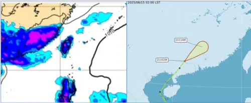 ▲左圖為明日17時地面氣壓及降水模擬圖顯示，明日各地晴時多雲，午後有局部陣雨或雷雨。；右圖為中央氣象署「路徑潛勢預測圖」顯示，「蝴蝶」進入大陸、已減弱為「熱帶低壓」，繼續向東北前進、持續減弱中。（圖／翻攝自氣象應用推廣基金會．老大洩天機專欄）