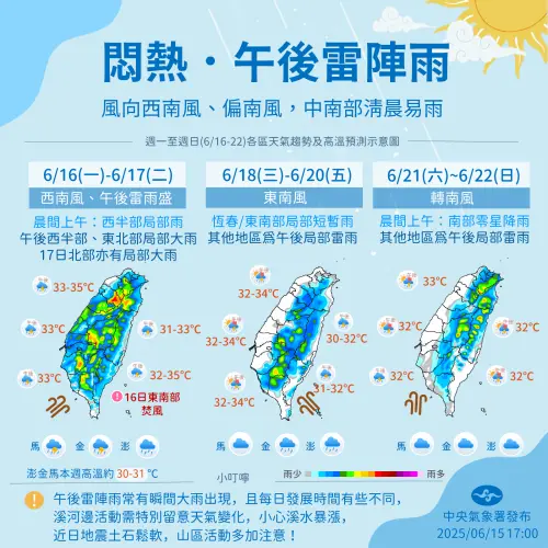 未來一週天氣主要以悶熱、午後雷陣雨為主,台灣附近暫時沒有颱風生成訊號。(圖/中央氣象署) ▲未來一週天氣主要以悶熱、午後雷陣雨為主,台灣附近暫時沒有颱風生成訊號。(圖/中央氣象署)