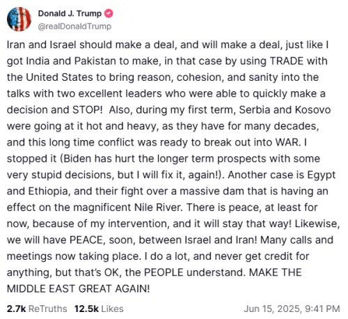 ▲美國總統川普在社群發文，喊話將讓以色列與伊朗達成協議。（圖／翻攝自川普Truth Social）