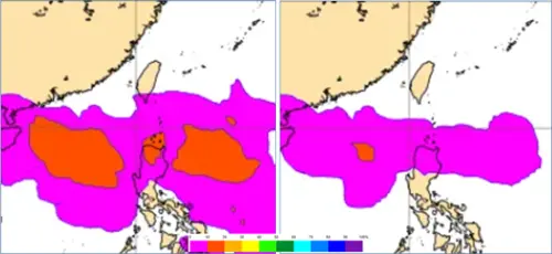 歐洲模式顯示,下週「熱帶低壓」存在的機率,在菲律賓東西兩側都在20%以下,出現「颱風」的機率,也都在是20%以下,並無侵擾台灣的機率。(圖/洩天機教室) ▲歐洲模式顯示,下週「熱帶低壓」存在的機率,在菲律賓東西兩側都在20%以下,出現「颱風」的機率,也都在是20%以下,並無侵擾台灣的路徑。(圖/洩天機教室)