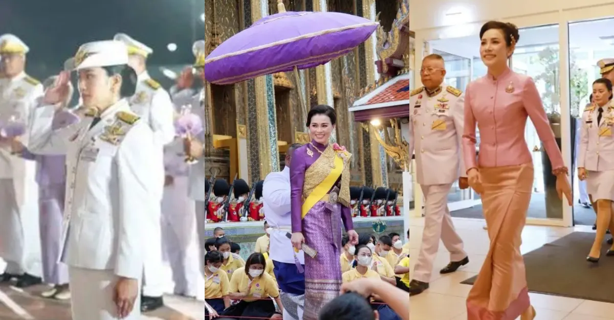 ▲泰國王后（中）六月舉行盛大生日派對，備受矚目的妾室歐拉弄（左）擔任侍衛隊，而貴妃（右）則遠在德國顧王子。（圖／翻攝自X）