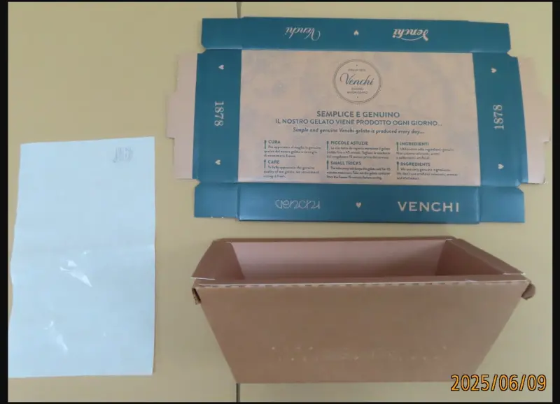 ▲食藥署公布邊境檢驗不合格名單，義大利百年巧克力名店Venchi的冰淇淋環保外帶盒被驗出螢光增白劑，依規定在邊境退運或銷毀。（圖／食藥署提供）