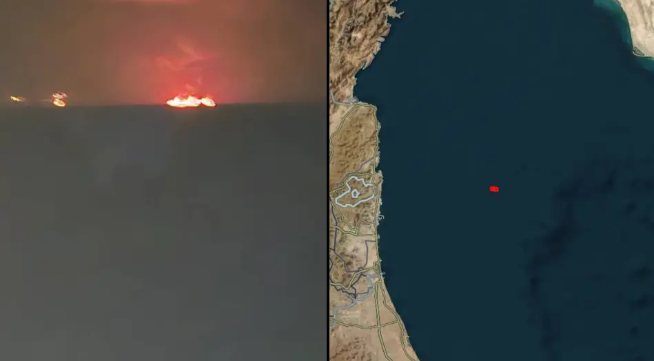 ▲《印度斯坦時報》引述社群媒體說法，聲稱有3艘船舶在霍爾木茲海峽（Strait of Hormuz）附近起火，圖片尚未經官方單位證實。（圖／擷取自X平台）