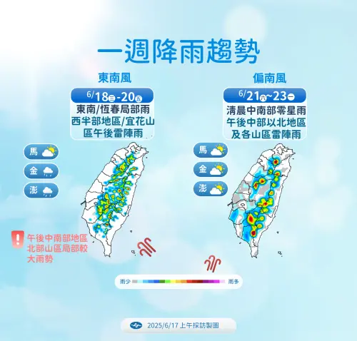 週三至週末太平洋高壓偏強,環境轉東風、水氣減少,各地以午後雷雨為主。(圖/中央氣象署) ▲週三至週末太平洋高壓偏強,環境轉東風、水氣減少,各地以午後雷雨為主。(圖/中央氣象署)