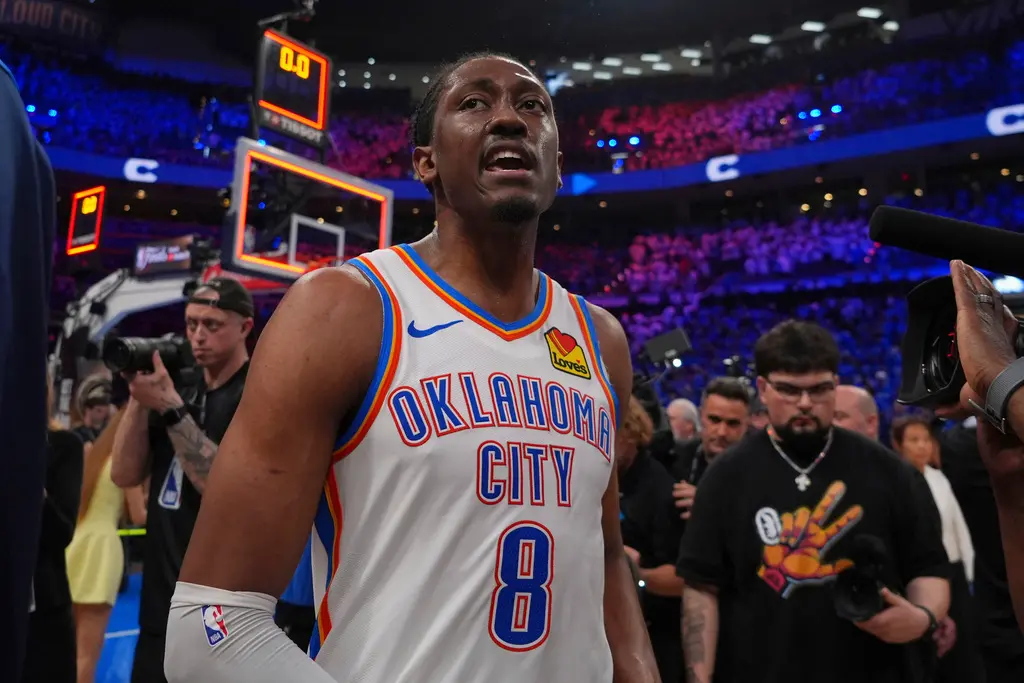 ▲NBA總冠軍賽G5，奧克拉荷馬雷霆終場以120：109力退印第安納溜馬，系列賽大比分3：2搶下聽牌優勢。雷霆年輕前鋒Jalen Williams本場大爆發，僅用35分鐘就砍下季後賽生涯新高的40分。（圖／美聯社／達志影像）