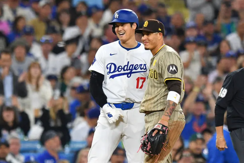 ▲大谷翔平此役先發1局用28球被敲2安打、失1分；打擊方面則貢獻2安打、2打點，他在比賽中與教士主將Manny Machado之間的一段「神秘對話」，引起球迷好奇。（圖／美聯社／達志影像）