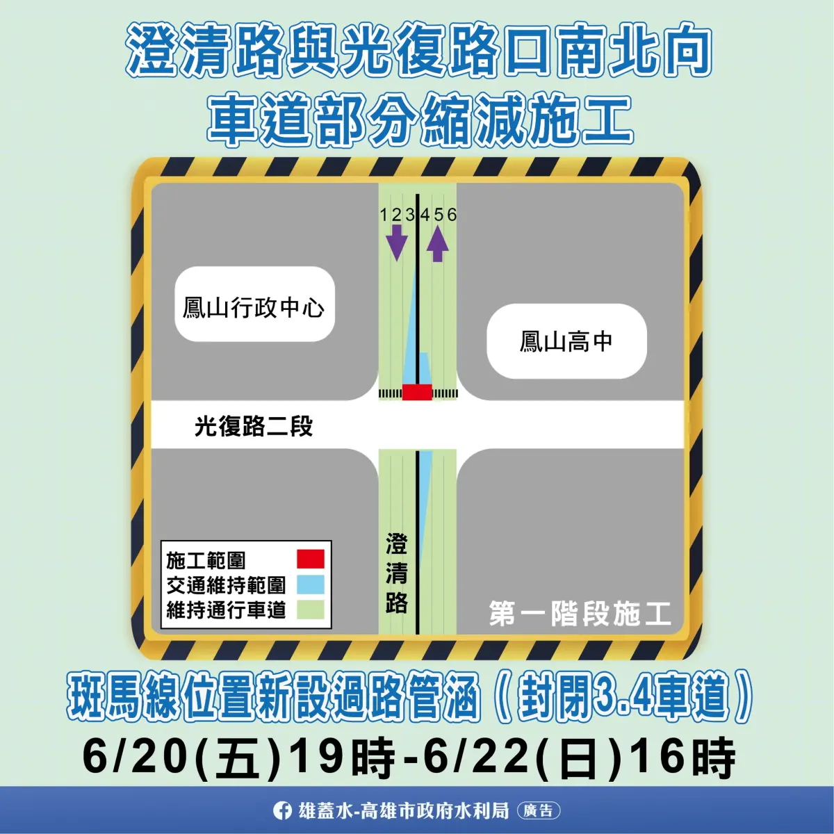 ▲澄清路近光復路口分段局部縮減道路及進行車道管制該工程自6/20(星期五)晚間19時至6/22 (星期日)下午16時。（圖／高市府水利局提供）