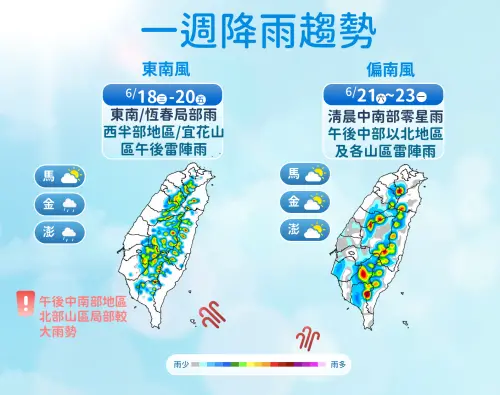 未來幾天午後雷陣雨也會維持,但「大雨範圍」較隨機,區域也不斷轉換。(圖/中央氣象署) ▲未來幾天午後雷陣雨也會維持,但「大雨範圍」較隨機,區域也不斷轉換。(圖/中央氣象署)