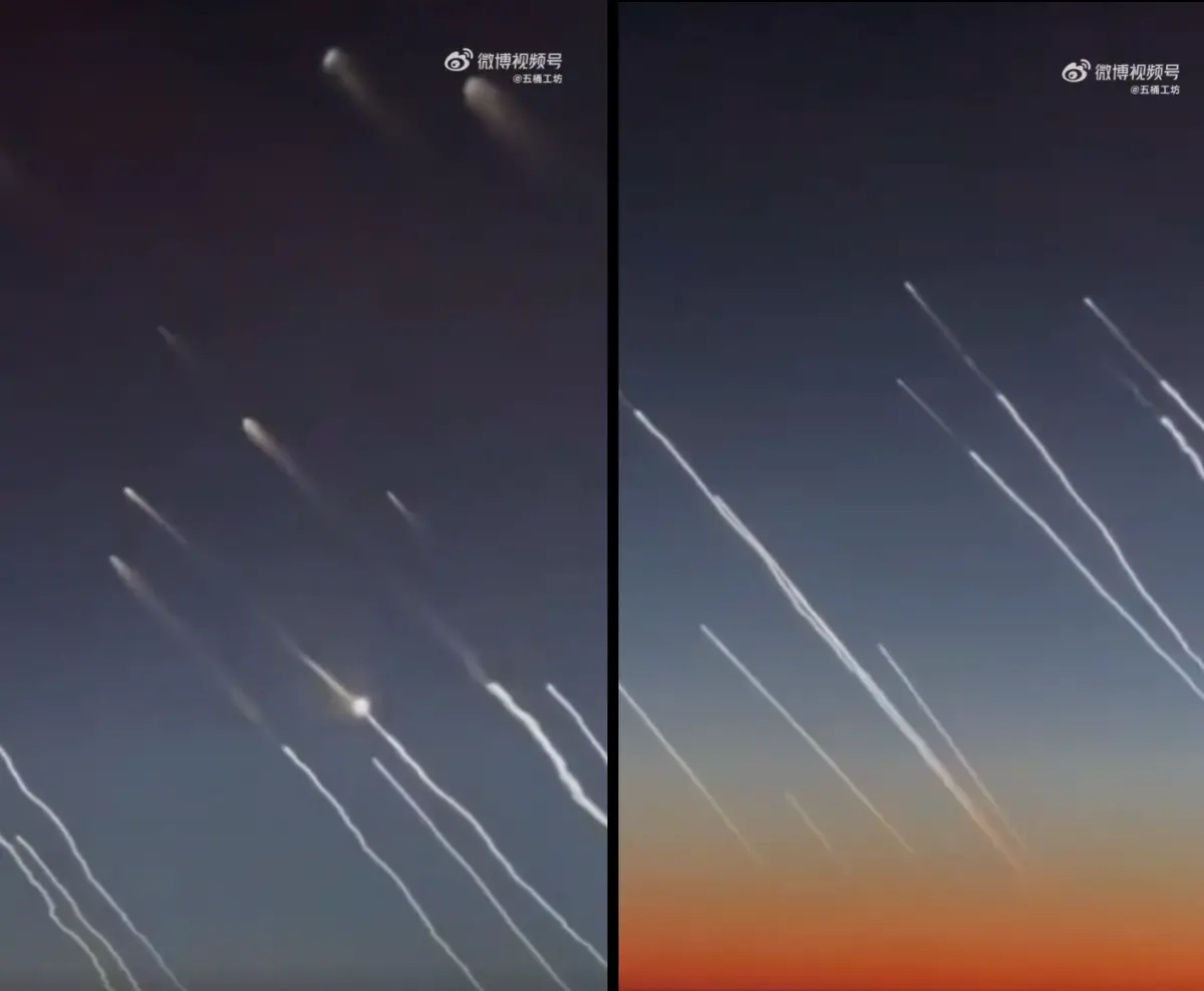 ▲有中國網友搭乘飛機飛往卡達時，拍到伊朗的飛彈飛向以色列。（圖／翻攝自微博）