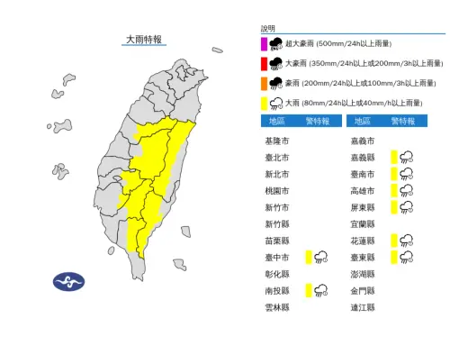 午後對流雲系發展旺盛,易有短延時強降雨,中南部、花蓮及臺東山區有局部大雨發生的機率。(圖/中央氣象署) ▲ 午後對流雲系發展旺盛,易有短延時強降雨,中南部、花蓮及臺東山區有局部大雨發生的機率。(圖/中央氣象署)