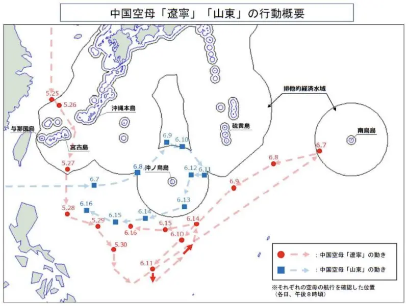 ▲日本防衛省統合幕僚監部公布中國遼寧艦、山東艦的航行軌跡。(圖/日本防衛省統合幕僚監部)