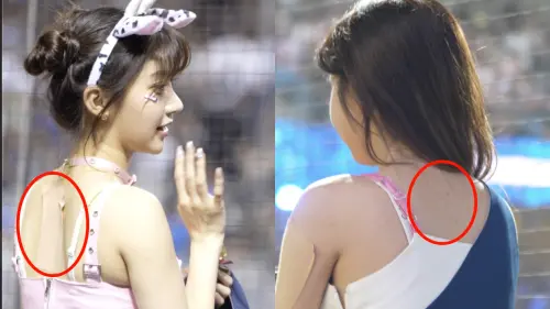 ▲眼尖的網友發現，李珠珢（右）在昨（17）日應援時，背後時常貼著的肉色貼布已經消失，疑似刺青消失了。（圖／讀者提供）