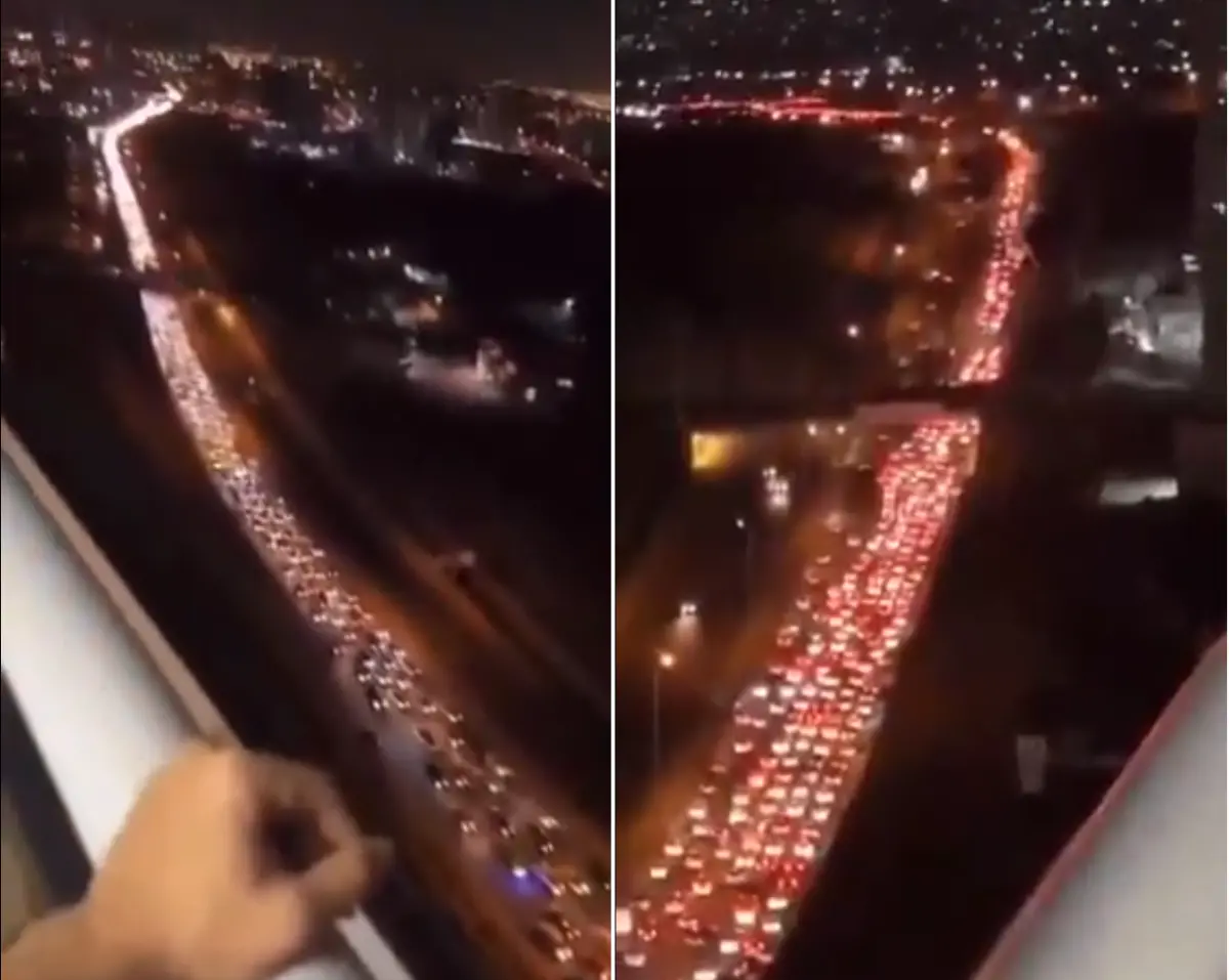 ▲大批民眾從伊朗首都德黑蘭撤離，道路大塞車。（圖／翻攝自Ｘ／Thomas van Linge）