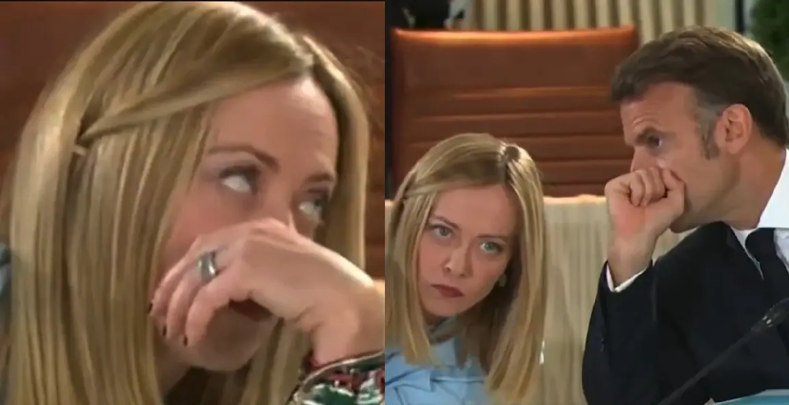 ▲義大利總理梅洛尼在G7峰會上意外對法國總統馬克宏翻了個白眼，遭美媒調侃。（圖／翻攝自Ｘ）