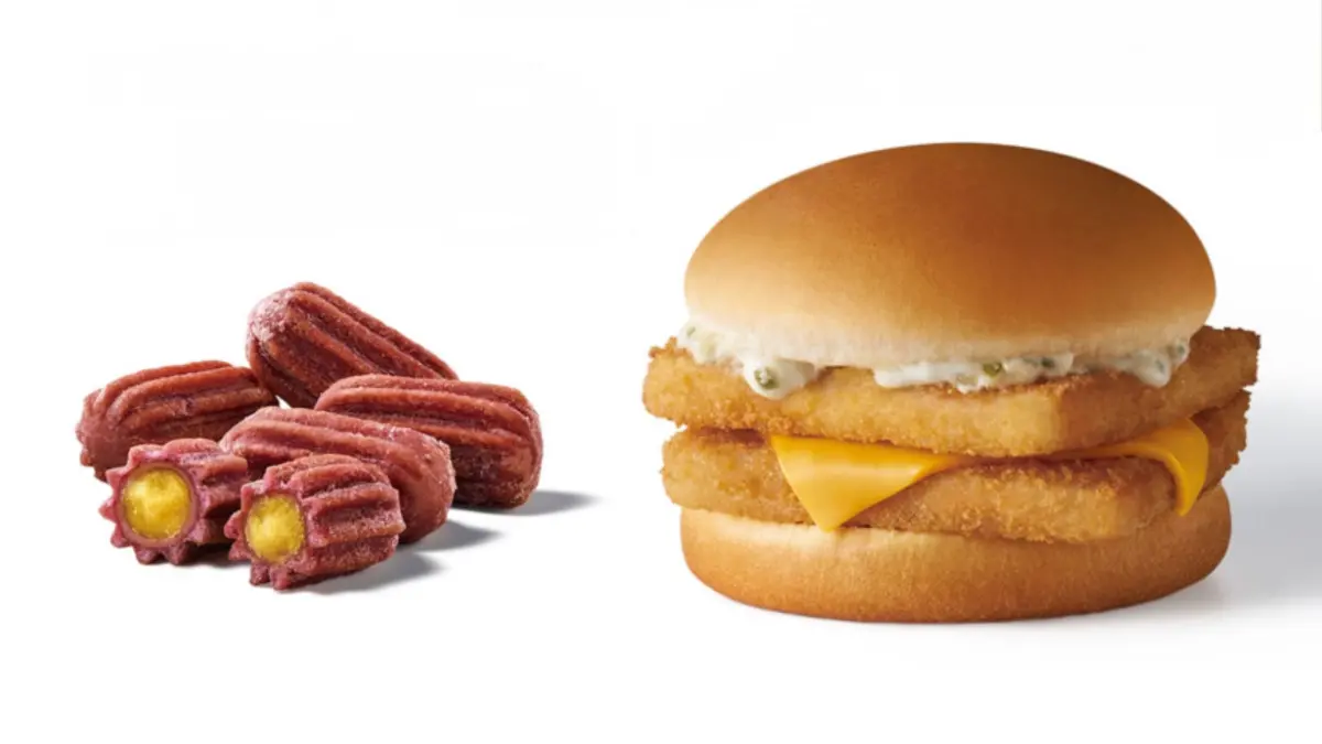 ▲麥當勞證實新品「迷你Q紫薯」7月2日上市，「雙層麥香魚」也回歸開吃。麥當勞APP全球版最新7月「麥當勞買一送一」歡樂送優惠也曝光。必勝客全新升級「一公尺派對盒」，擴增披薩及副食選項。（圖／翻攝自麥當勞APP）