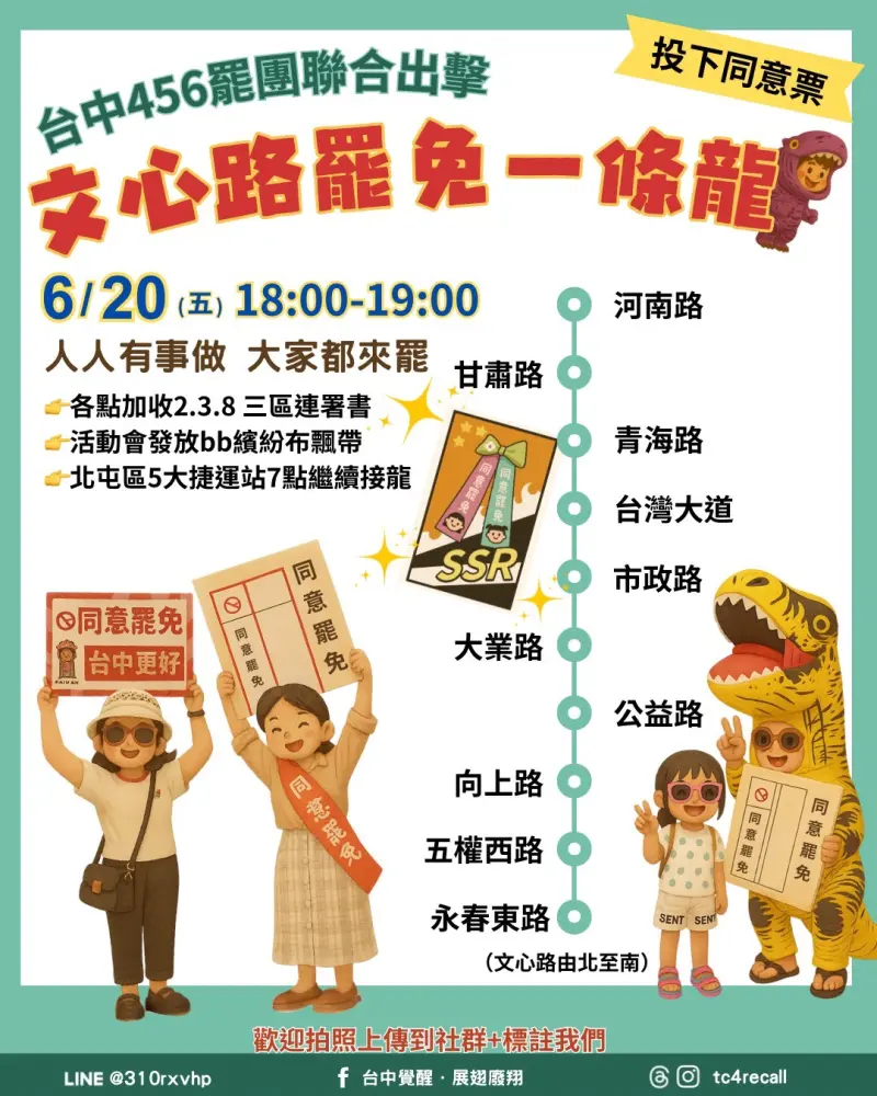 ▲後天的「文心路罷免一條龍」行動，宣布10個活動地點加收2、3、8選區的連署書，幫助縣區3罷團突破關卡。（圖／罷團「展翅廢翔」提供，2025.06.18）