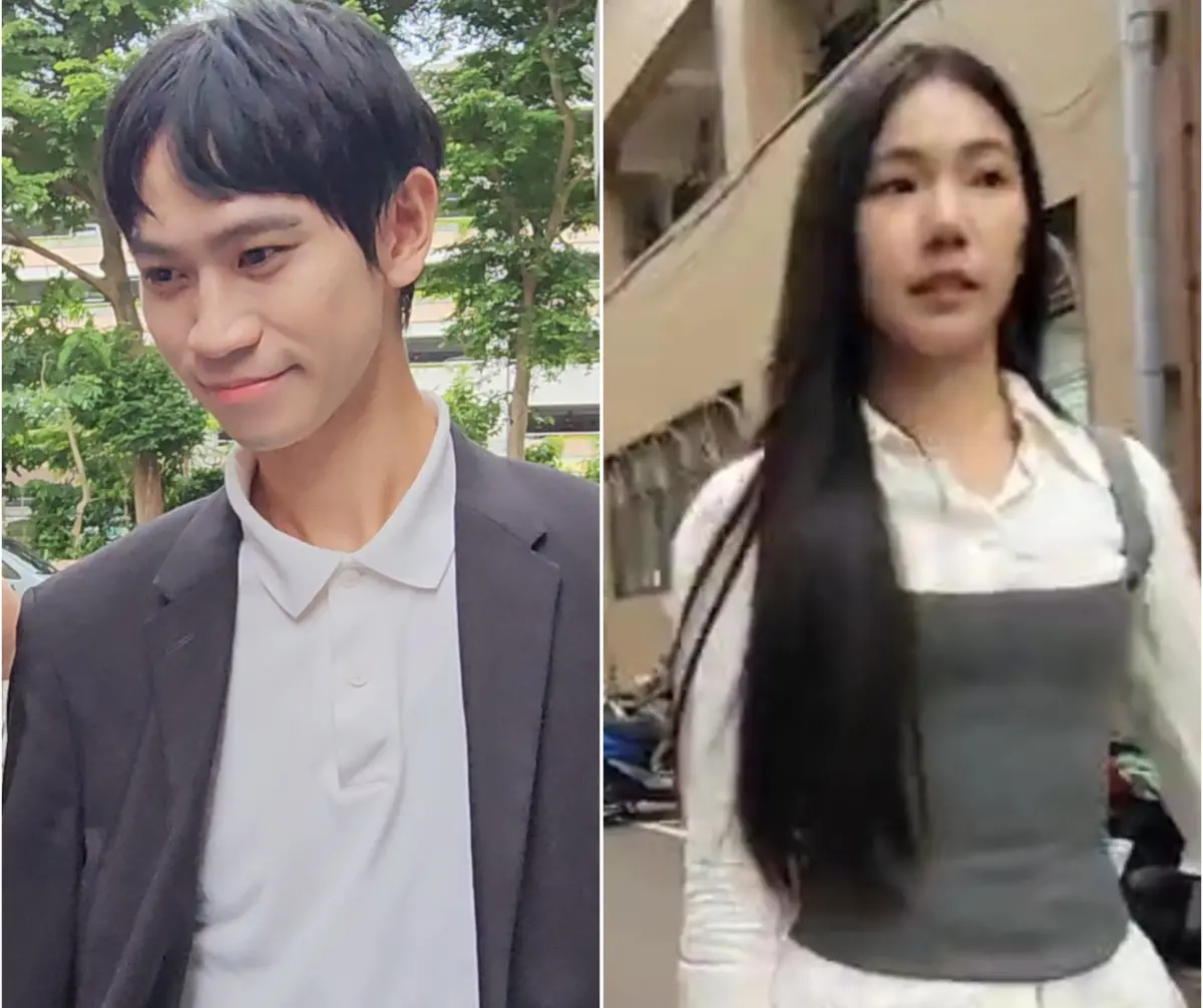 ▲網紅Andy（左）等候開庭時，前女友家寧（右）就在背後不到1公尺處，2人互當對方空氣，場面超尷尬。（圖／記者劉松霖攝）