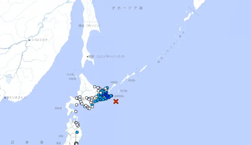▲北海道鄰近海域，19日清晨發生規模6.1的淺層地震。（圖／翻攝自日本氣象廳）