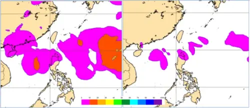 ▲歐洲系集模式(ECMWF)，28日20時機率模擬圖顯示，「熱帶低壓」存在的機率、琉球東方海面最高在30%以下（左圖）；「輕颱」存在的機率、最高都在10%以下，且無侵擾台灣的機率（右圖）。（圖／取自「氣象應用推廣基金會」專欄）
