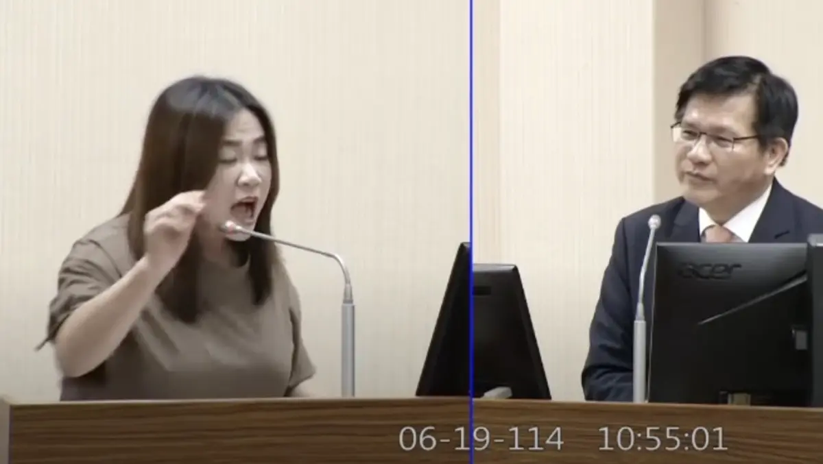 ▲馬文君質詢林佳龍時，為外交部宣傳以色列打工度假一事氣到拍桌。（圖／國會頻道，2025.06.19）