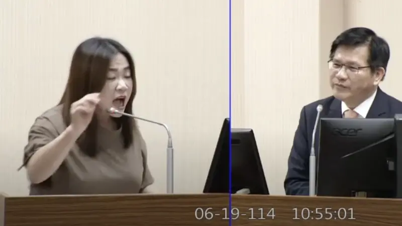 ▲馬文君質詢林佳龍時，為外交部宣傳以色列打工度假一事氣到拍桌。（圖／國會頻道，2025.06.19）