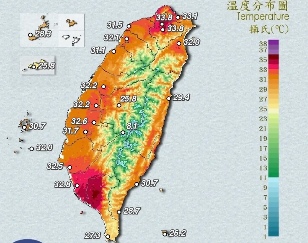 ▲天氣晴朗炎熱，中央氣象署已發布高溫特報，今（19）日白天屏東縣為橙色燈號，有38度極端高溫出現的機率。（圖／翻攝自中央氣象署）