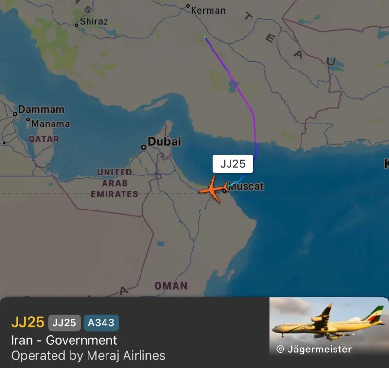 ▲伊朗總統專機以及政府專機被發現悄悄飛抵阿曼。（圖／Flightradar24)
