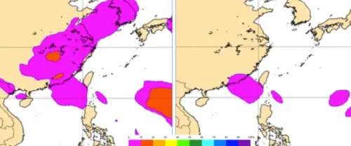 ▲最新(19日20時)歐洲系集模式(ECMWF),29日20時機率模擬圖顯示,南海至巴士海峽一帶的「熱帶擾動」發展機率較低〔「熱帶低壓」最高20%以下(左圖),「輕颱」則僅在10以下(右圖)〕。 ▲最新(19日20時)歐洲系集模式(ECMWF),29日20時機率模擬圖顯示,南海至巴士海峽一帶的「熱帶擾動」發展機率較低〔「熱帶低壓」最高20%以下(左圖),「輕颱」則僅在10以下(右圖)〕。