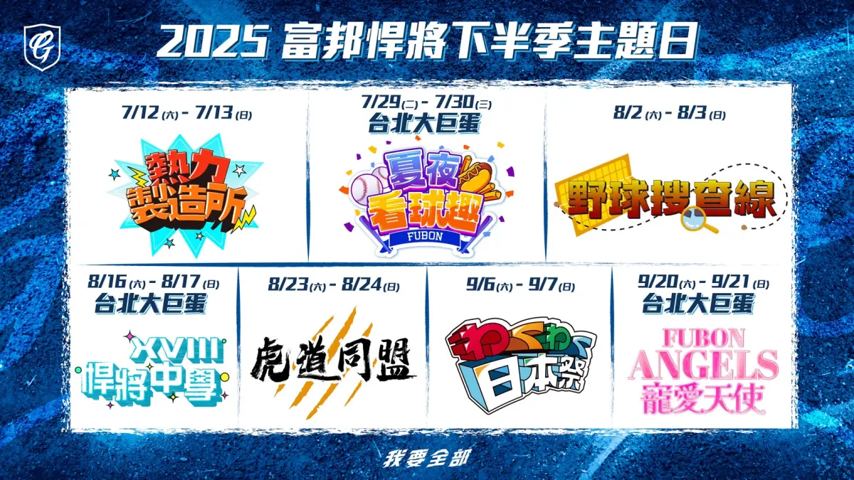 ▲富邦悍將下半季主題日公布，「悍將中學」、「寵愛天使」等主題日將在大巨蛋盛大登場。（圖／富邦悍將提供）
