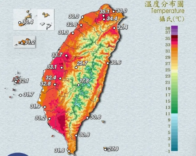 ▲今明（20日、21日）兩天臺灣各地高溫炙熱，中央氣象署已發布高溫特報。（圖／翻攝自中央氣象署）