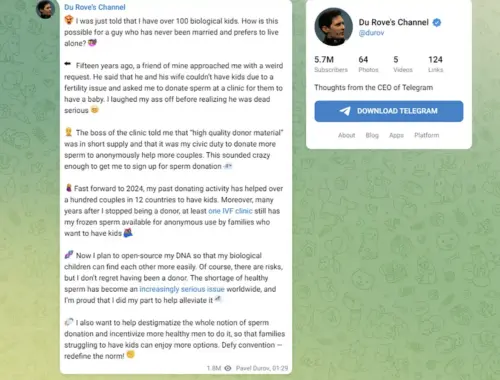 ▲Durov曾在Telegram 分享自己透過捐精，目前有12個國家、超過100名嬰兒以他的精子受孕。（圖／翻攝網路）