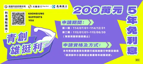 ▲青年局推動「雄挺利」計畫，凡符合資格的青創業者，提供最高200萬元、最長5年期的貸款利息補貼。（圖／高市青年局提供）