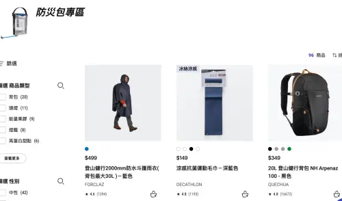 ▲平價實用的運動品牌迪卡儂也有設置「防災包專區」。（圖／翻攝自官網）