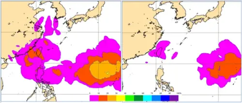 ▲廣東海面至台灣一帶的「熱帶擾動」發展機率較低，關島附近則有另一「熱帶擾動」發展。（圖／取自洩天機教室）