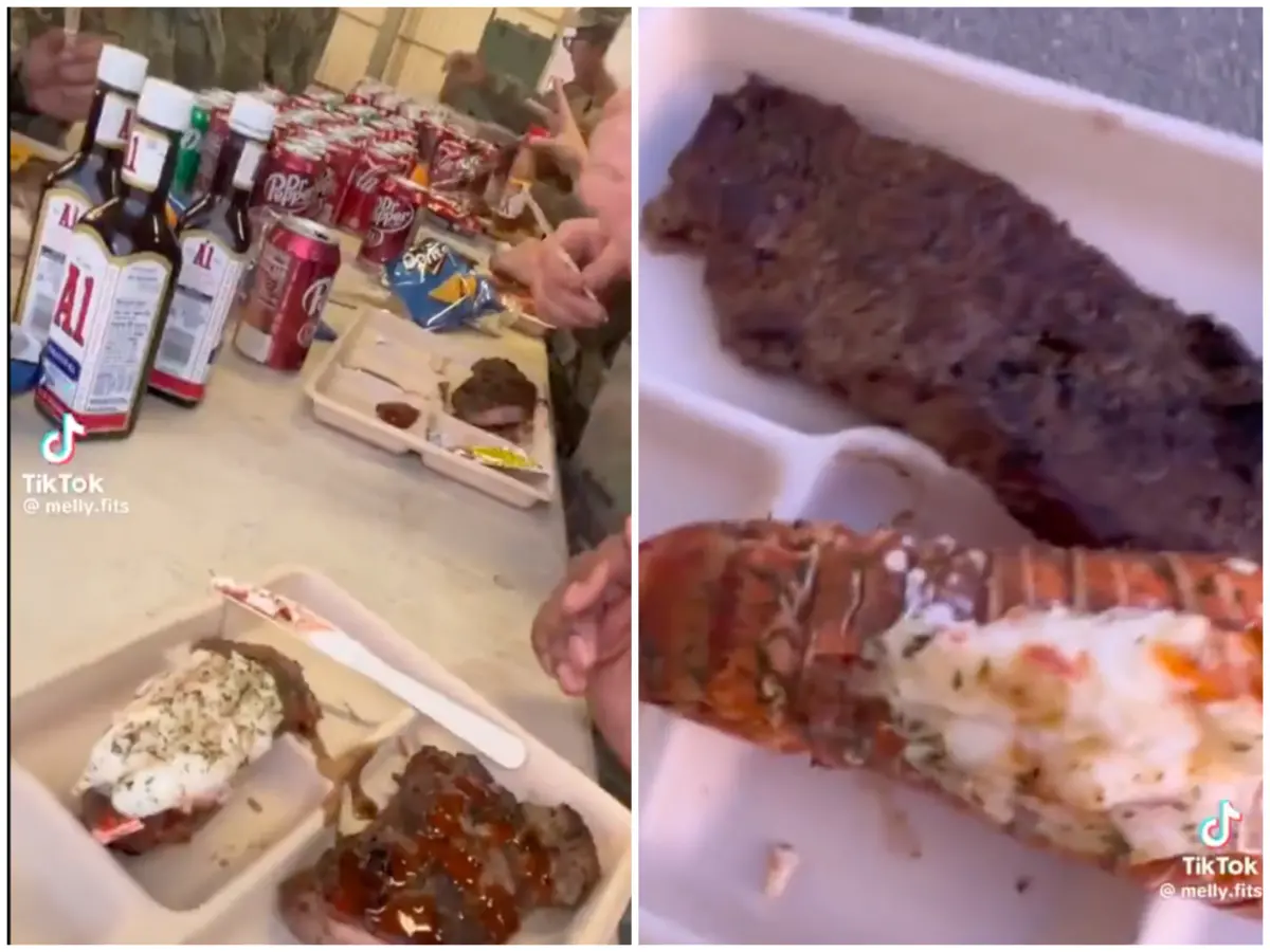 ▲近日美國陸軍士兵享用大餐的影片在社群網路瘋傳，菜色包括龍蝦與牛排，有網友說這是「部署餐」，即士兵被派往戰區前所吃的最後一餐。（圖／翻攝自TikTok）
