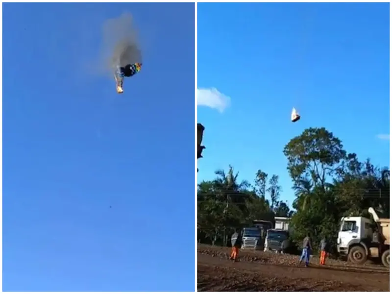 ▲巴西南部聖卡塔琳娜州（Santa Catarina）21日一個載有22人的熱氣球在空中起火後墜毀，目前至少已知8人死亡，搜救行動仍在持續進行中。（圖／翻攝自X影片截圖）