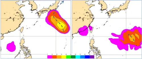根據最新歐洲系集模式,左圖關島北方海面的「熱帶擾動」逐漸發展,其路徑為向日本逼近、再向東北大迴轉減弱遠離;右圖機率模擬圖顯示,關島附近另有「熱帶擾動」發展(「輕颱」機率已達30%),離台灣還很遠。(圖/氣象應用推廣基金會.老大洩天機專欄) ▲根據最新歐洲系集模式,左圖關島北方海面的「熱帶擾動」逐漸發展,其路徑為向日本逼近、再向東北大迴轉減弱遠離;右圖機率模擬圖顯示,關島附近另有「熱帶擾動」發展(「輕颱」機率已達30%),離台灣還很遠。(圖/氣象應用推廣基金會.老大洩天機專欄)