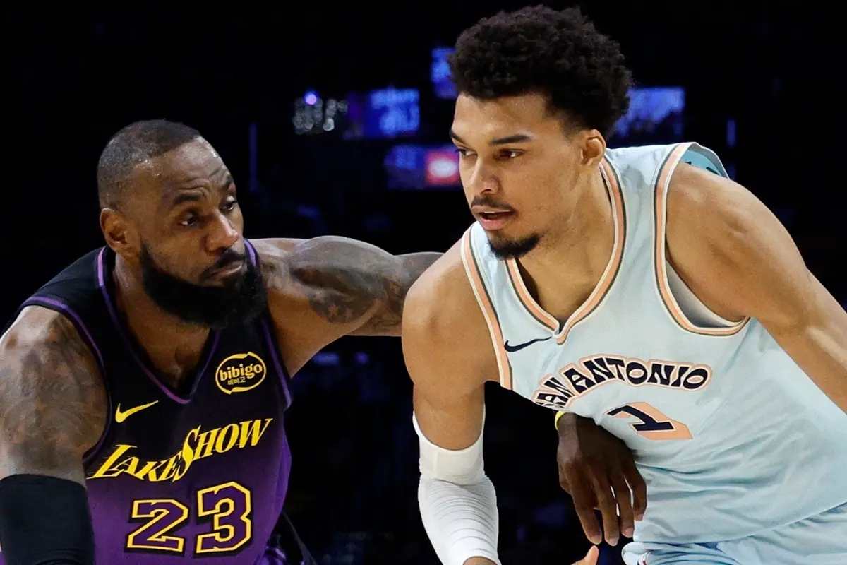 ▲「詹皇」LeBron James與文班亞馬（Victor Wembanyama）一同現身，與來賓Kai Cenat、Paul Rivera、Tom Brady以及Maverick Carter暢談運動員生涯與退休話題。節目期間LeBron語出驚人，笑稱文班亞馬讓他不得不考慮退休。（圖／美聯社／達志影像）