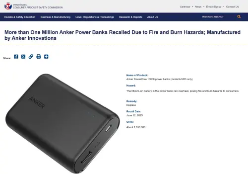 美國消費品安全委員會(CPSC)在本月12日突然緊急公告,將召回安克PowerCore 10000型號A1263行動電源。(圖/翻攝CPSC官網) ▲美國消費品安全委員會(CPSC)在本月12日突然緊急公告,將召回安克PowerCore 10000型號A1263行動電源。(圖/翻攝CPSC官網)