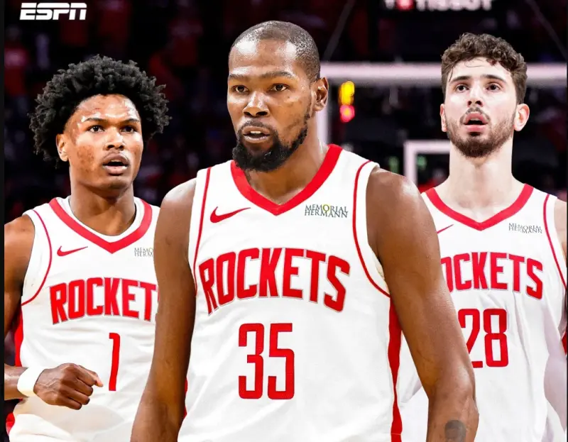 ▲NBA球星Kevin Durant震撼轉戰休士頓火箭隊的交易案，於台灣時間23日凌晨拍板定案，不僅引發西區格局劇變，Durant本人得知消息時的「瞬間反應」也迅速成為社群熱議焦點。（圖／ESPN）