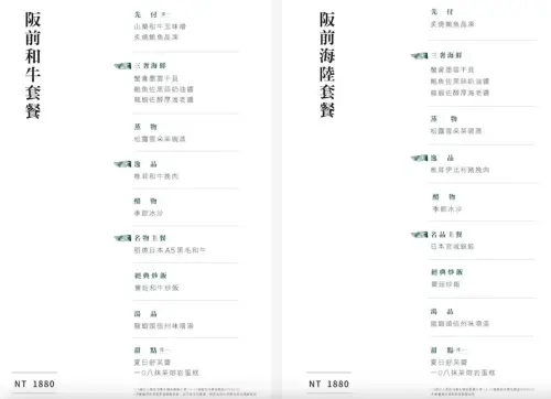 板橋人嗨了!新北第一間阪前鐵板燒、刁民酸菜魚5折開幕優惠一覽 ▲阪前鐵板燒套餐菜單一覽,另有單點與酒水。(圖/記者蕭涵云攝)