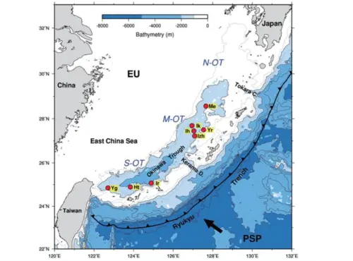 ▲若鹿兒島附近發生強震，台灣附近的「沖繩海槽、琉球海溝」由於深度深，可能會將會助長海嘯波的速度。（圖／郭鎧紋提供）