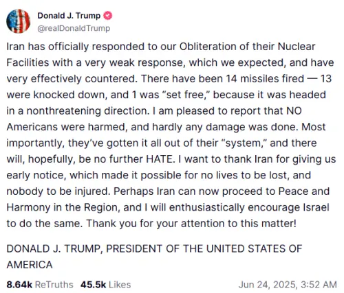 ▲川普感謝伊朗在施襲前提早通知。（圖／擷取自Truth Social）