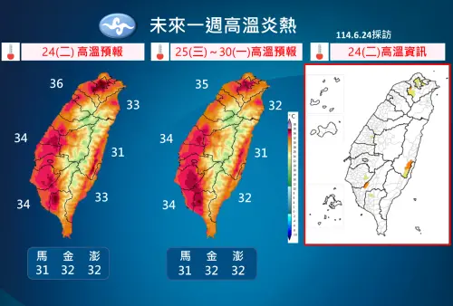 ▲氣溫炎熱，氣象署發布高溫資訊，提醒民眾要注意36度以上高溫。（圖／中央氣象署）