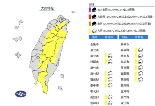 ▲午後對流發展旺盛，氣象署針對13縣市發布「大雨特報」。（圖／中央氣象署）